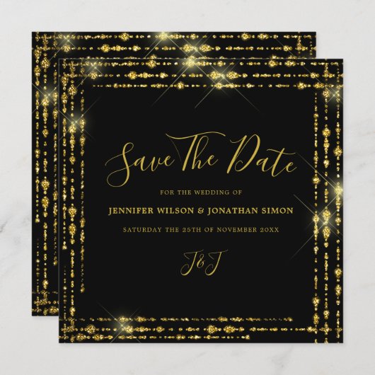 Gold Glitzer Save the Date Schwarze Einladung (Vorne/Hinten)