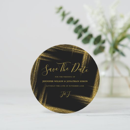 Gold Glitzer Save the Date Schwarze Einladung (Stehend Vorderseite)