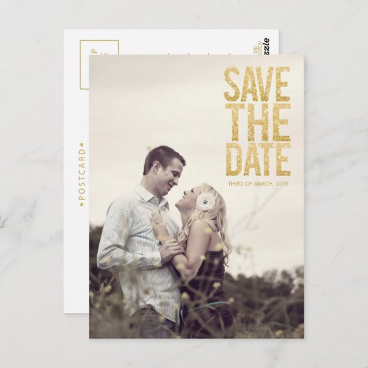 Gold-Glitzer Save the Date Typografie-Ankündigung Postkarte (Vorne/Hinten)