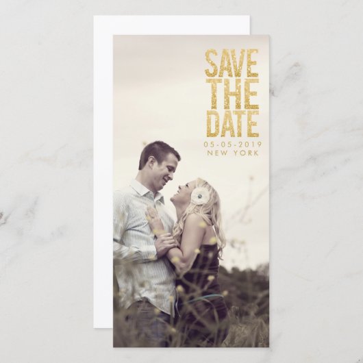 Gold-Glitzer Save the Date Typografie-Foto-Karten (Vorne/Hinten)