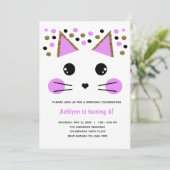 Gold Glitzer Schwarz und Lila Katze Geburtstag Einladung (Stehend Vorderseite)