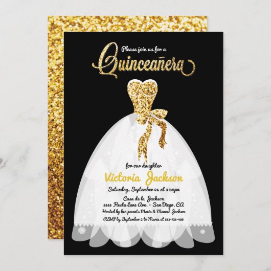 Gold Glitzer Schwarz und Weiß Quinceañera Einladung (Vorne/Hinten)