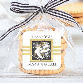 Gold Glitzer Schwarz-weiß Ice Skaten Gastgeschenk Quadratischer Aufkleber