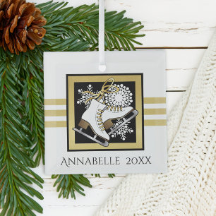 Gold Glitzer Schwarz-weiß Ice Skaten Ornament Aus Glas