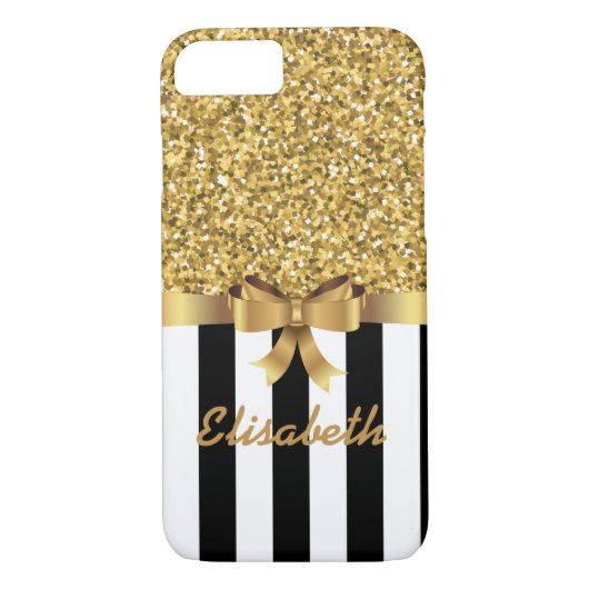 GOLD GLITZER SCHWARZE vertikale STREIFEN BOW-MONOG Case-Mate iPhone Hülle (Rückseite)