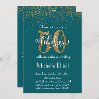 Gold Glitzer & Script 50 & Fabulous, Dark Aquamari Einladung