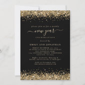 Gold Glitzer Script Black Silvester Party Einladung (Vorderseite)
