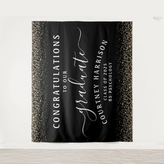 Gold Glitzer Script Calligraphy Abschluss | Schwar Wandteppich (Vorderseite)