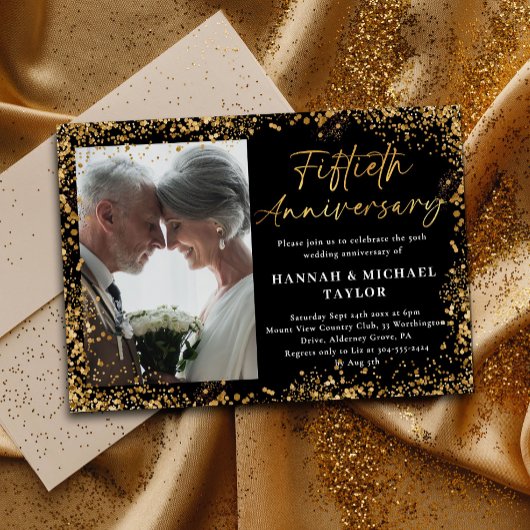 Gold Glitzer Script Foto 50. Hochzeitstag Einladung