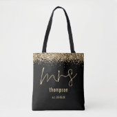 Gold Glitzer Script Mrs. Name Date Bride Black Tasche (Vorderseite)