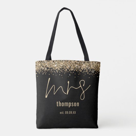 Gold Glitzer Script Mrs. Name Date Bride Black Tasche (Rückseite)