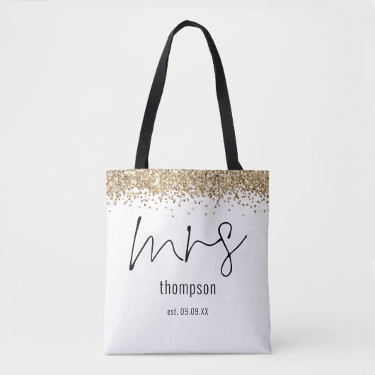 Gold Glitzer Script Mrs. Name Date Bride Tasche (Vorderseite)