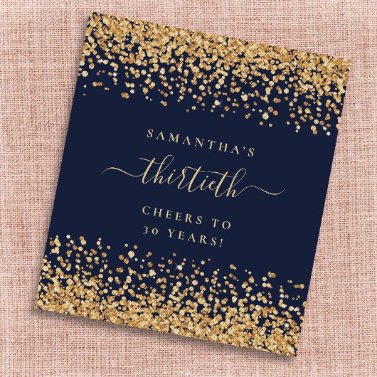 Gold Glitzer Script Navy Blue Cheers 30. Party Weinetikett