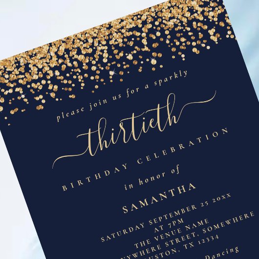 Gold Glitzer Script Navy Blue Glam 30. Party Einladung