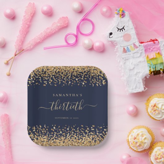 Gold Glitzer Script Navy Blue Glam 30. Party Pappteller (Party)