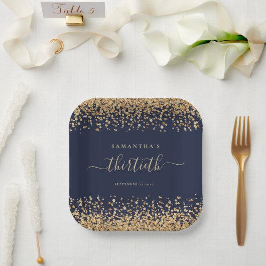 Gold Glitzer Script Navy Blue Glam 30. Party Pappteller (Hochzeit)