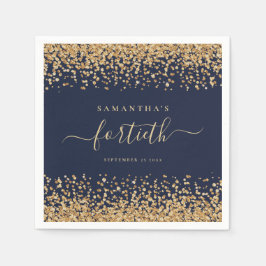 Gold Glitzer Script Navy Blue Glam 40. Party Serviette
