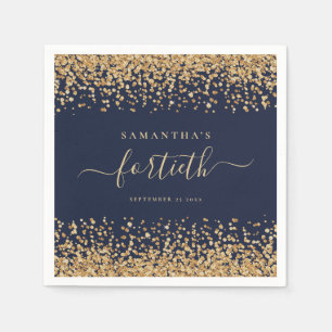 Gold Glitzer Script Navy Blue Glam 40. Party Serviette