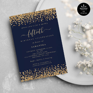 Gold Glitzer Script Navy Blue Glam 50. Party Einladung