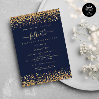Gold Glitzer Script Navy Blue Glam 50. Party Einladung