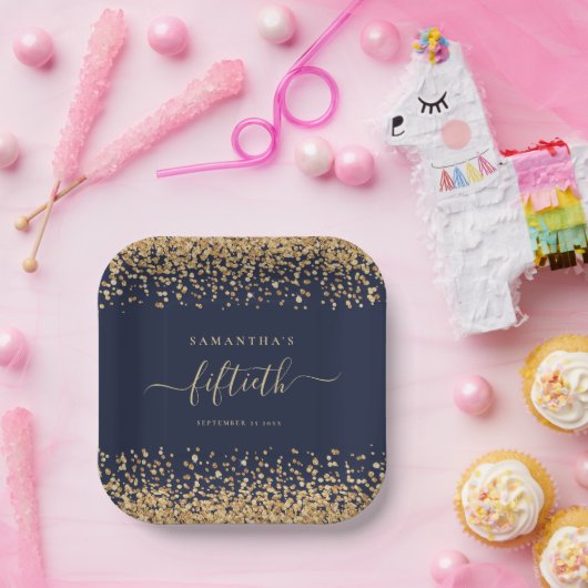 Gold Glitzer Script Navy Blue Glam 50. Party Pappteller (Party)