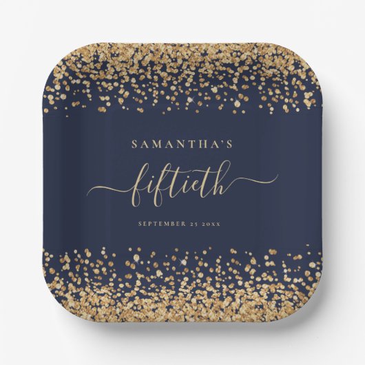 Gold Glitzer Script Navy Blue Glam 50. Party Pappteller (Vorderseite)