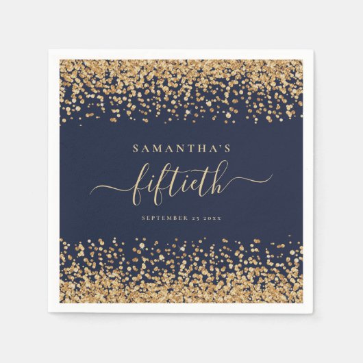 Gold Glitzer Script Navy Blue Glam 50. Party Serviette (Vorderseite)