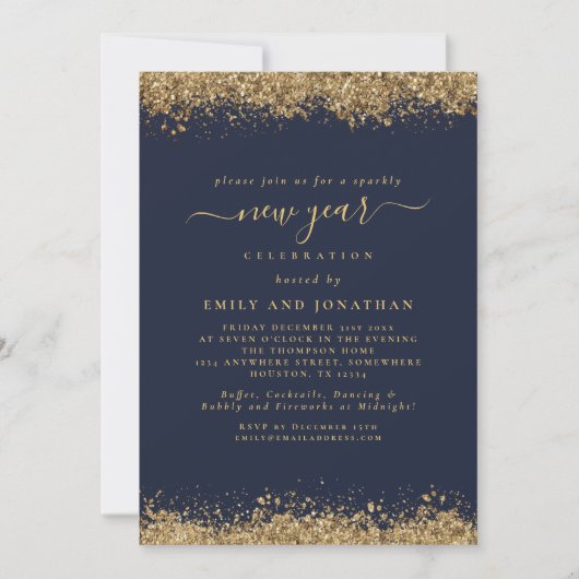 Gold Glitzer Script Navy Blue Silvester Party Einladung (Vorderseite)