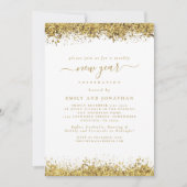 Gold Glitzer Script White Silvester Party Einladung (Vorderseite)