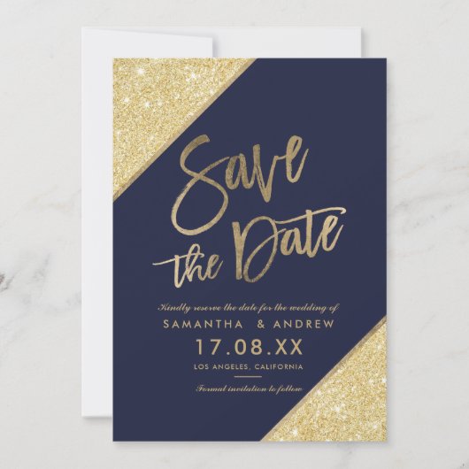 Gold Glitzer Scriptnavy Save the Date blau (Vorderseite)
