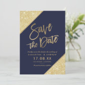 Gold Glitzer Scriptnavy Save the Date blau (Stehend Vorderseite)