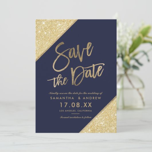 Gold Glitzer Scriptnavy Save the Date blau (Stehend Vorderseite)