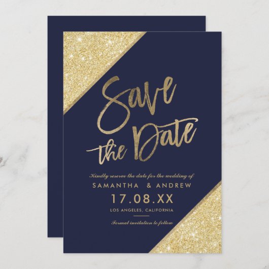 Gold Glitzer Scriptnavy Save the Date blau (Vorne/Hinten)