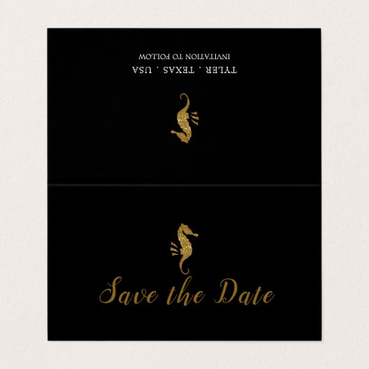 Gold Glitzer Seepferd, Foto Save the Date Karte (Außenseite Aufgefaltet)