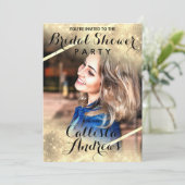 Gold Glitzer Sequins Corners Foto Brautparty Einladung (Stehend Vorderseite)