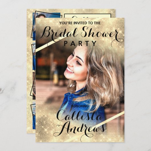 Gold Glitzer Sequins Corners Foto Brautparty Einladung (Vorne/Hinten)