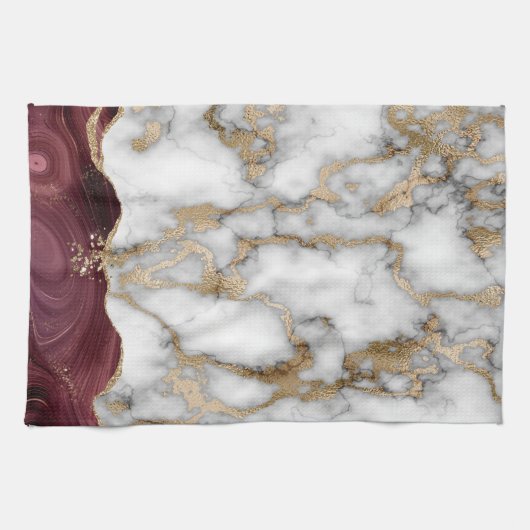 Gold Glitzer Shiny White Marble Burgundy Geschirrtuch (Horizontal)