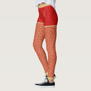 Gold-Glitzer-Shorts, Gold- und Rottmuster, Monogra Leggings