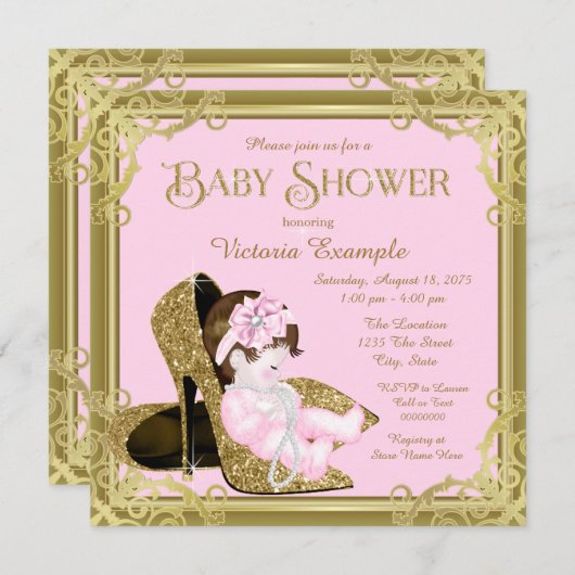 Gold Glitzer Showpink und Gold Baby Dusche Einladung (Vorne/Hinten)