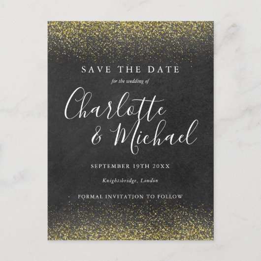 Gold Glitzer Signature Save the Date Card Ankündigungspostkarte (Vorderseite)