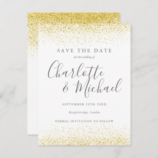 Gold Glitzer Signature Wedding Save the Date Card Ankündigungspostkarte (Vorne/Hinten)