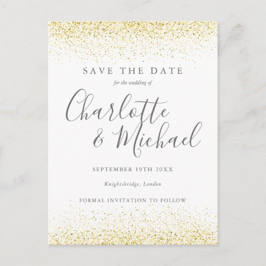 Gold Glitzer Signature Wedding Save the Date Card Ankündigungspostkarte (Vorderseite)