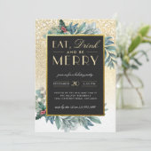 Gold Glitzer Snow Eat Drink Be Merry Feier Einladung (Stehend Vorderseite)