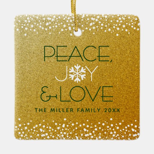 Gold Glitzer Snowflake Peace Joy Liebe Individuell Keramikornament (Vorderseite)