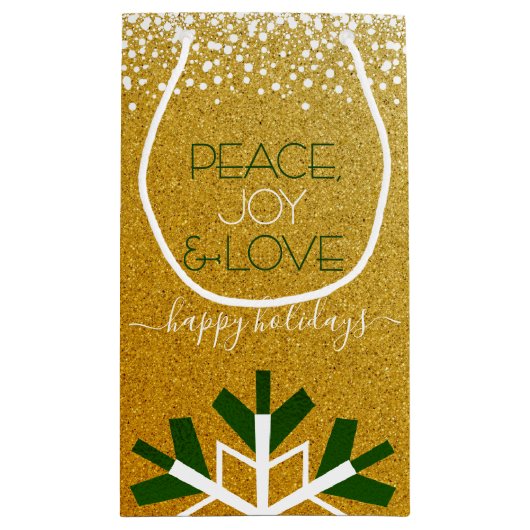 Gold Glitzer Snowflake Peace Joy Liebe Typografie Kleine Geschenktüte (Rückseite)