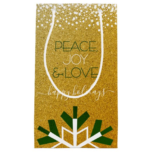 Gold Glitzer Snowflake Peace Joy Liebe Typografie Kleine Geschenktüte (Vorderseite)
