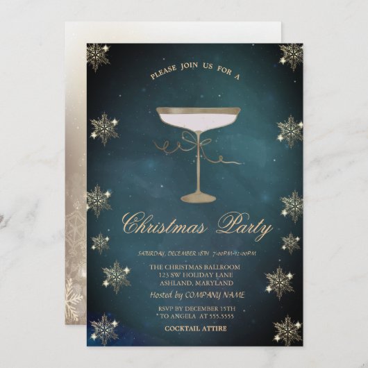 Gold Glitzer Snowflakes Champagner Weihnachten Einladung (Vorne/Hinten)