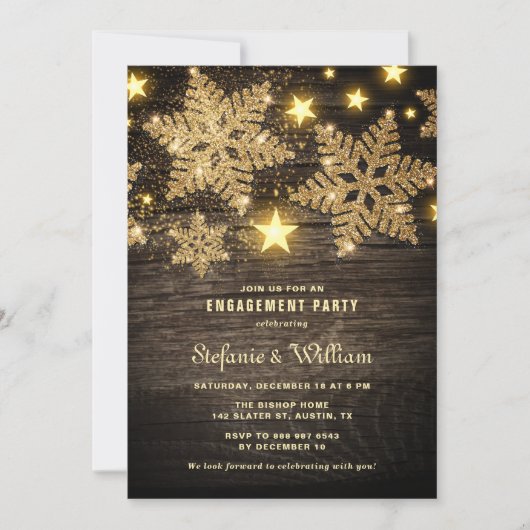Gold Glitzer Snowflakes Rustikale Engagement Parte Einladung (Vorderseite)