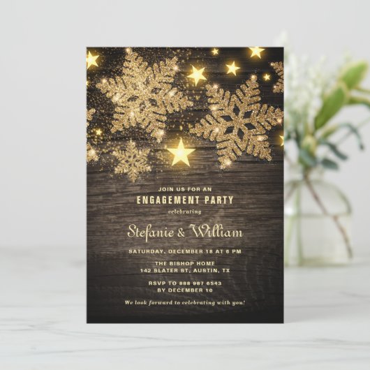 Gold Glitzer Snowflakes Rustikale Engagement Parte Einladung (Stehend Vorderseite)