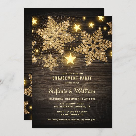 Gold Glitzer Snowflakes Rustikale Engagement Parte Einladung (Vorne/Hinten)